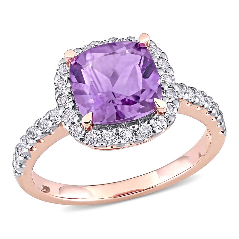 Miadora Cushion-cut Amethyst and White Topaz Halo Cocktail Ring 10k Rose Gold