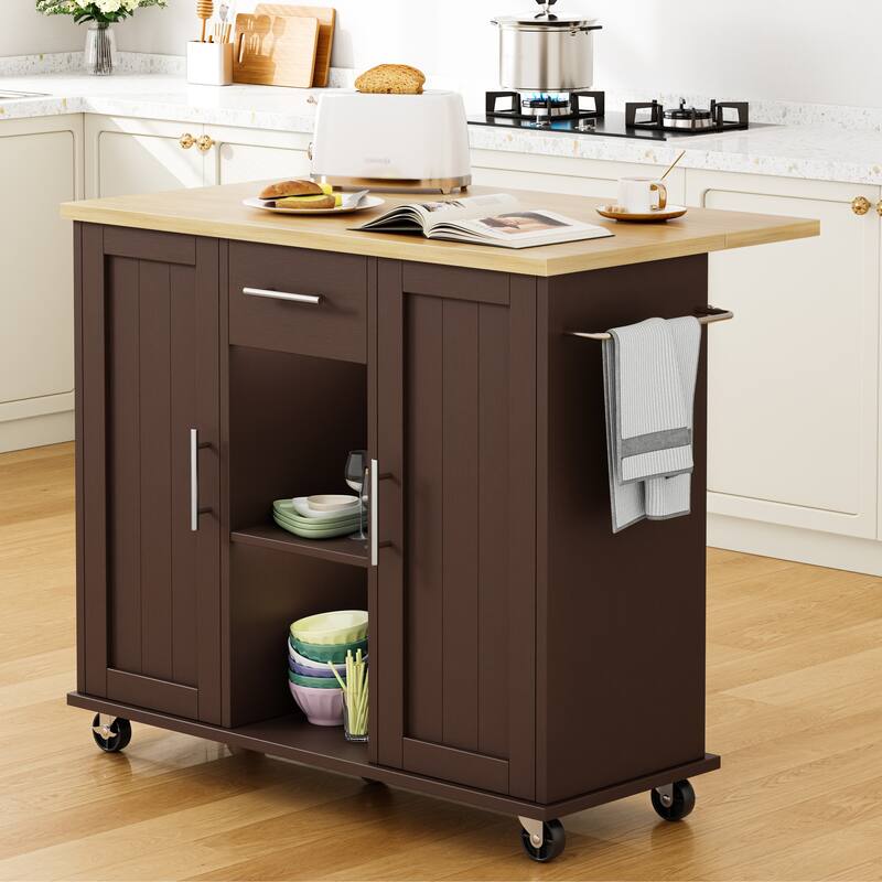 Rolling Kitchen Island Cart with Open Shelf & Drop Countertop - N/A - Brown