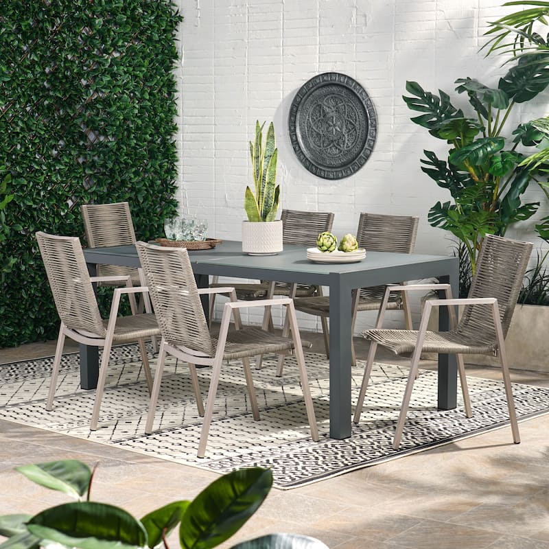 Lazuli Aluminum Outdoor 7-piece Dining Set by Christopher Knight Home - Gray + Silver + Taupe