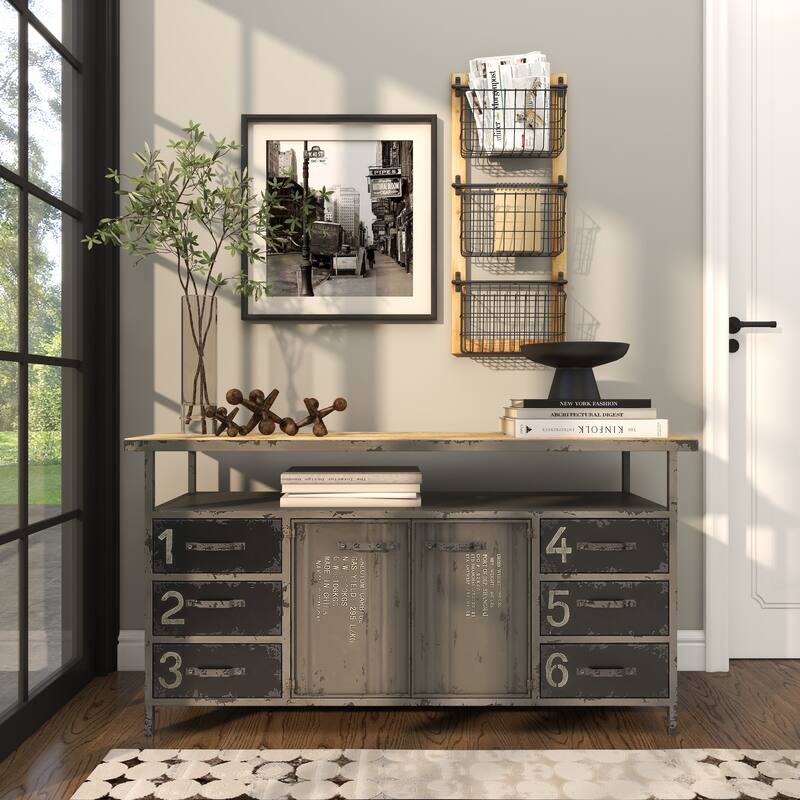 Black Metal 3 or 2 Slot Magazine Rack Holder with Wood Frame and Suspended Wire Baskets