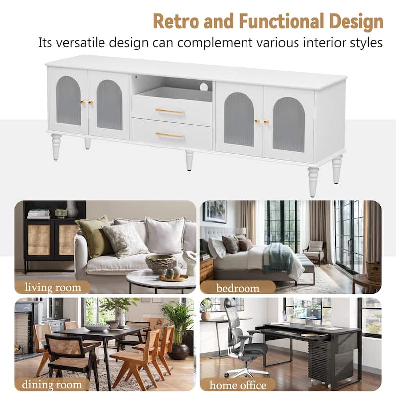 Roomfitters Retro TV Stand for up to 75 Inch TV, Entertainment Console with Fluted Glass Doors and Wood Legs, White