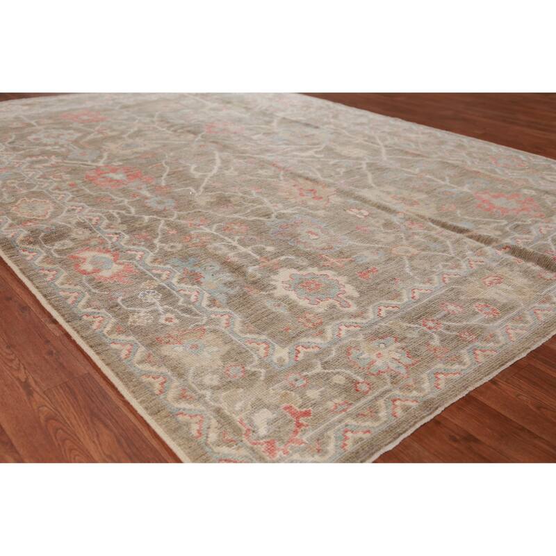 Hand Knotted Oriental 100% Wool Carpet Transitional All-Over Brown Oushak Area Rug - 8' 11'' X 6' 2''