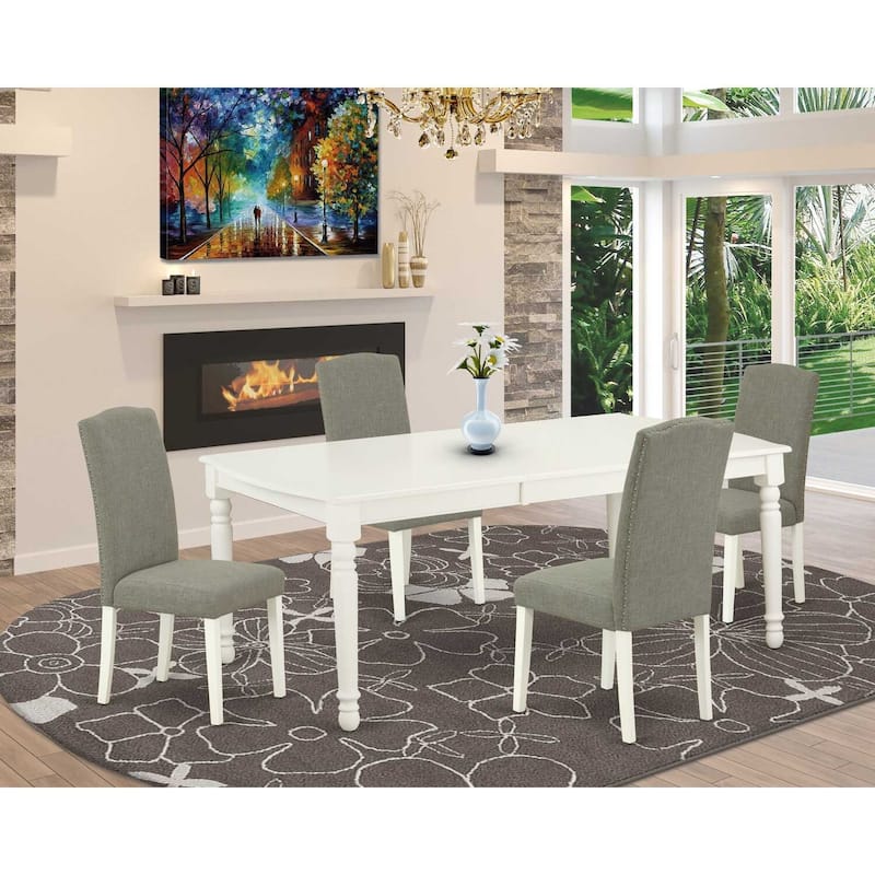 Medieval Dining Set 5Pc Table & 4 Chairs - 60x78" Rectangular Table with Leaf - Linen White Legs & Dark Shitake Fabric