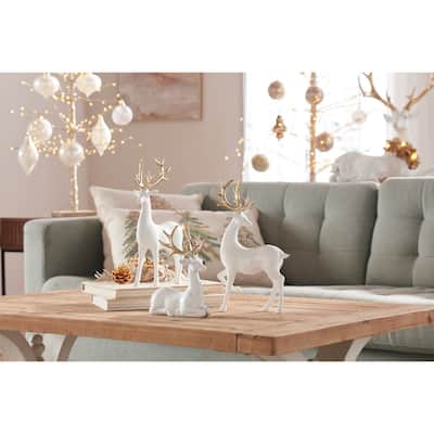 Winter Deer Christmas Figurine Decorations - 12.5" - White and Gold - Set of 3