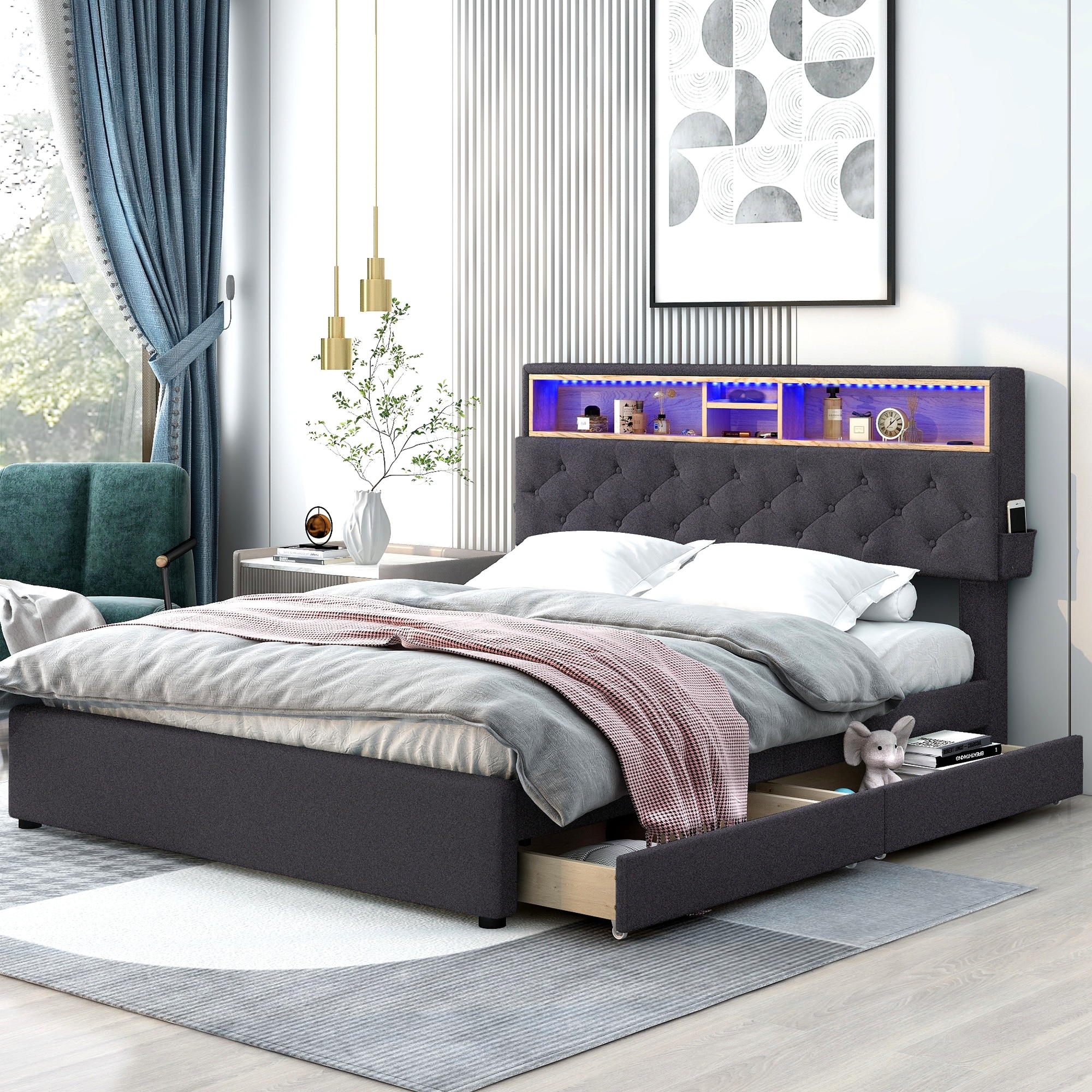 Queen bed with storage and outlet headboard