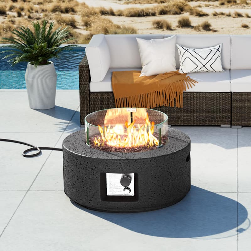 COSIEST Outdoor White Round Fire Pit with Wind Guard - Grey