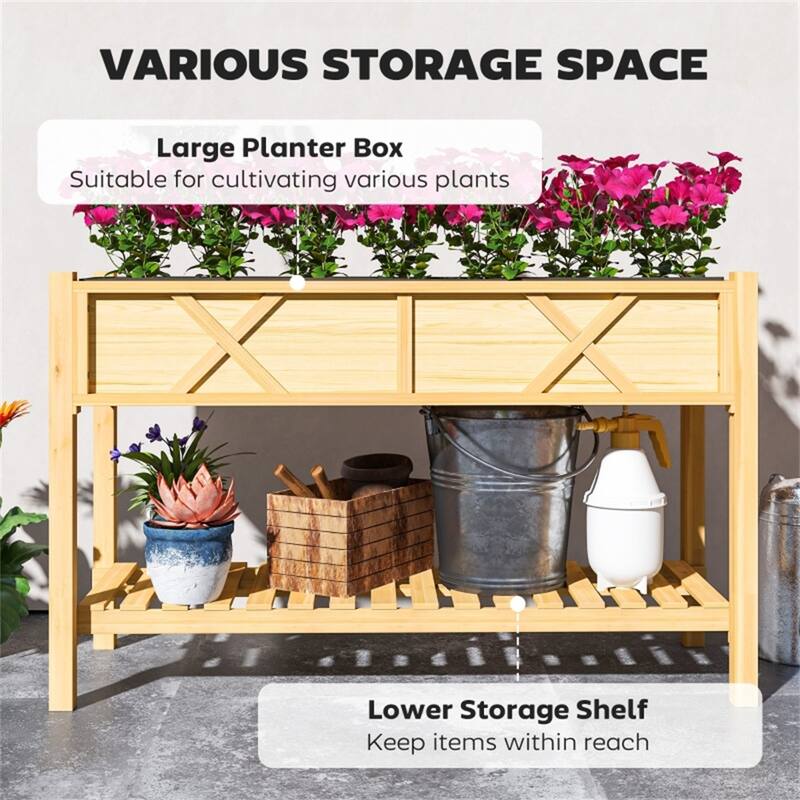 Wood 2-Tier Raised Planter with Shelf for Easy Gardening - 47.2" W x 21.7" D x 31.5" H