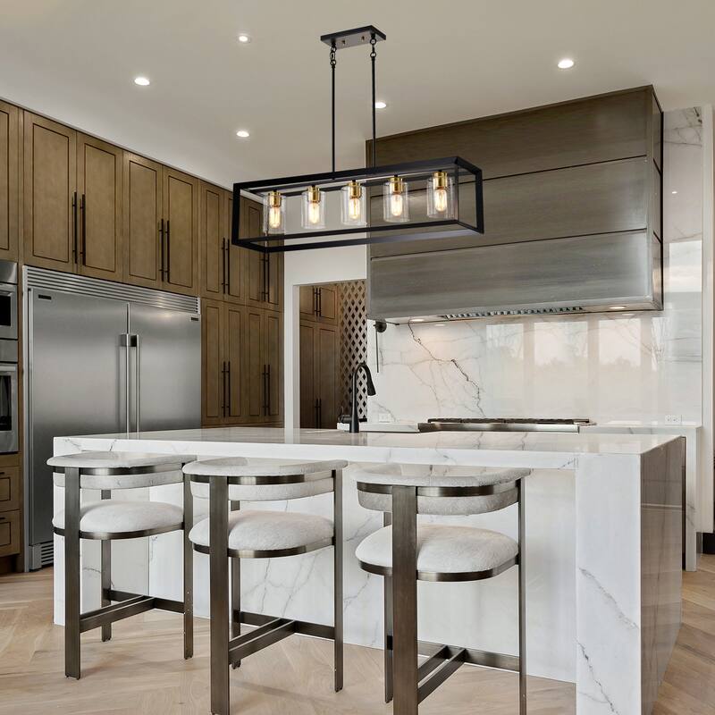 5-Light Matte Black and Gold Rectangular Kitchen Island Light with Glass Shades