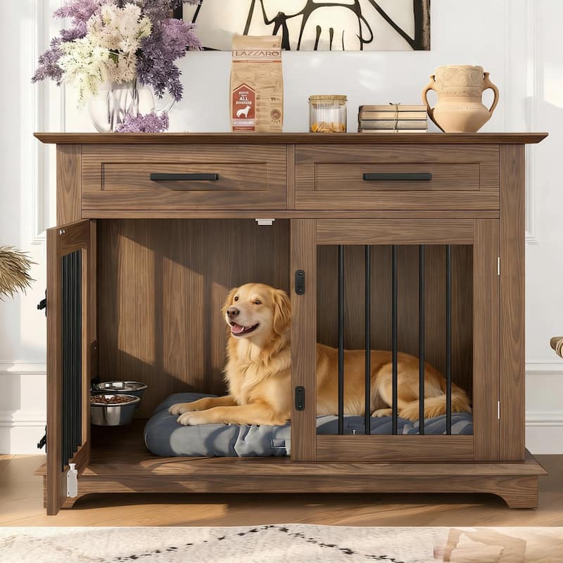 Anmytek 44.48" Large Dog Crate Furniture 3 in 1 End Table with 2 Storage Drawers and Rotating Bowls