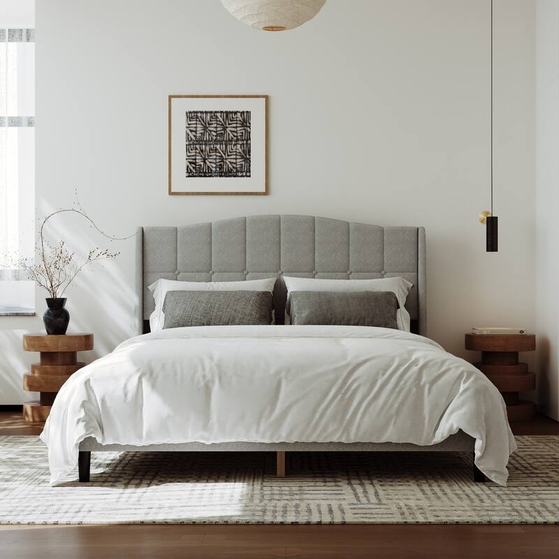 Upholstered Platform Bed Frame with Wingback Headboard and Wooden Slats