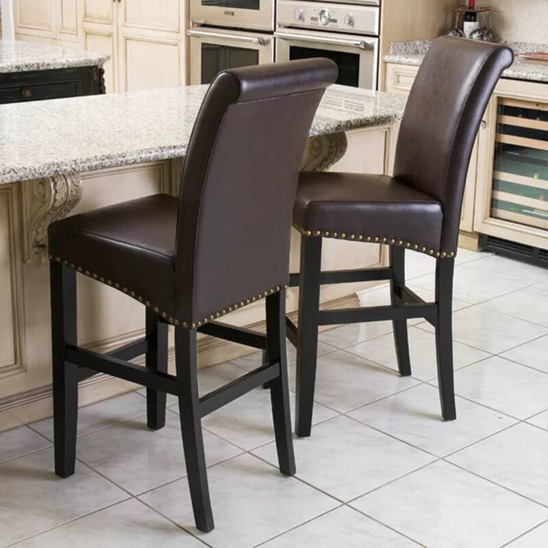 PU Leather Counter Chairs Set of 2 Barstools with Curved High Back, Nailhead Trim, Solid Wood Frame and Thick Upholstered Seat