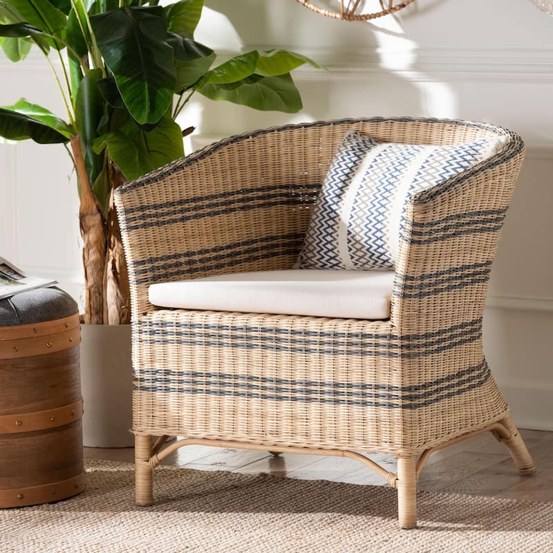 Elda Natural Rattan Accent Chair - Wicker Barrel-Back Chair with Two-Tone Woven Stripes and Cushion, Coastal Boho Style Seating