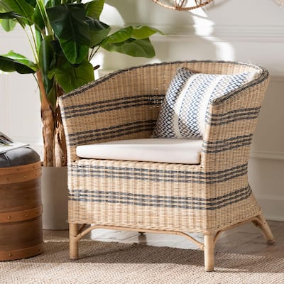Elda Natural Rattan Accent Chair - Wicker Barrel-Back Chair with Two-Tone Woven Stripes and Cushion, Coastal Boho Style Seating