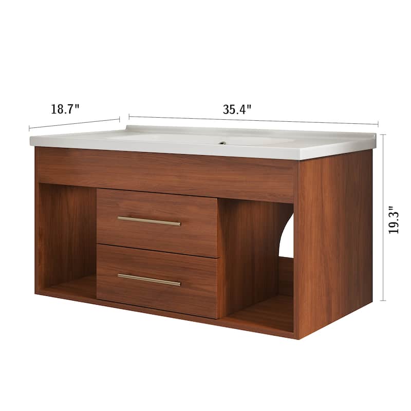 35.4" Mid-Century Modern Bathroom Vanity with Integrated Ceramic Sink and Storage Drawers