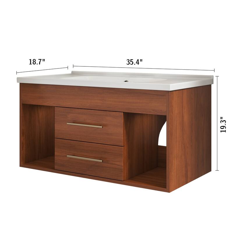 GDFStudio - Luxury 35.4" Floating Sintered Stone Bathroom Vanity with Ceramic Sink & Soft-Close Drawers