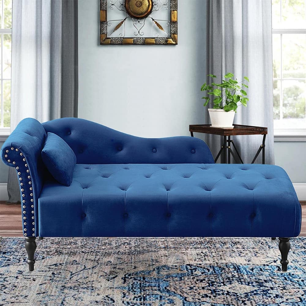 60"W Velvet Chaise Lounge, Tufted with Pillow & Nailhead Decorate - 60.6W" x 27.5D" x 28.3"H