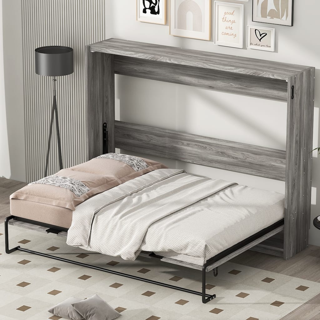 Modern Gray Full Size Murphy Bed with Metal Frame & Pine Slats by Harper&Bright Designs