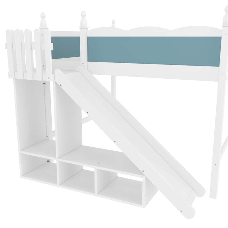 Queen/Full Size Solid Wood Loft Bed with Slide, Storage Shelves, Cabinet, Ladder & Play Area, No Box Spring Needed