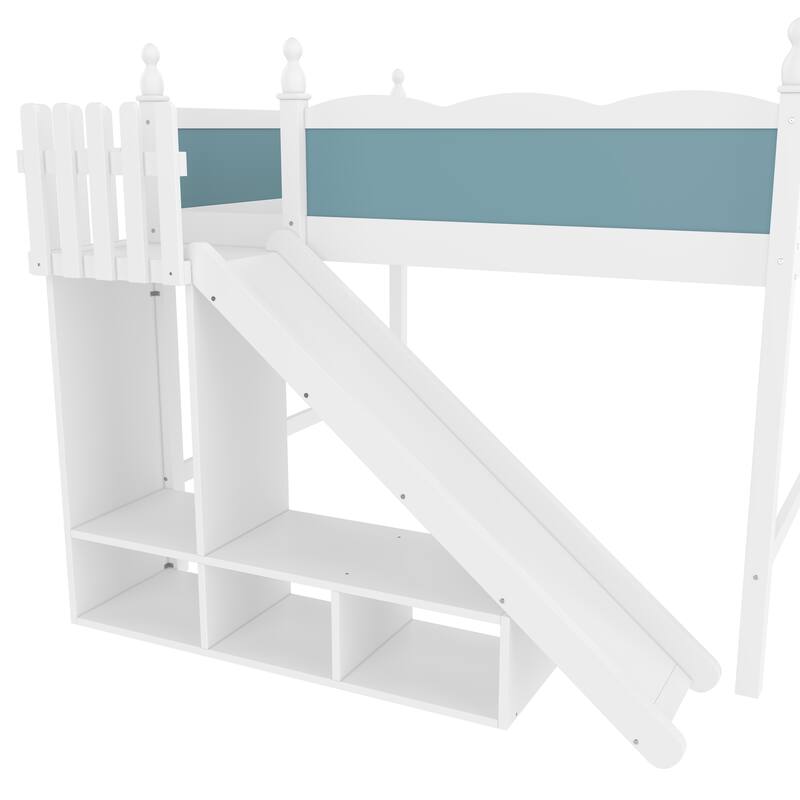 Roomfitters Queen Loft Bed with Slide and Storage Cabinet, Solid Wood High Sleeper with Shelves, Blue and White