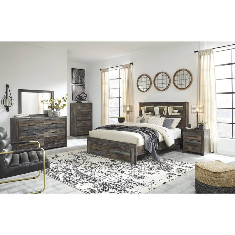 Drystan Rustic Brown Bookcase Bed with Footboard Storage Drawers