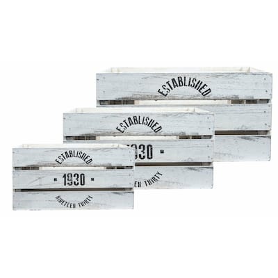 Set Of 3 Antique White Wood Slat Decorative Boxes