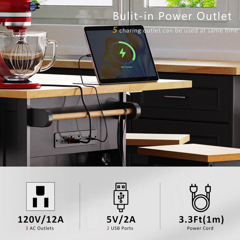 53inch Large Kitchen Island with 2 Bar Stools, Power Outlet,Door Internal Storage Rack, Kitchen Storage cart with Drop Leaf