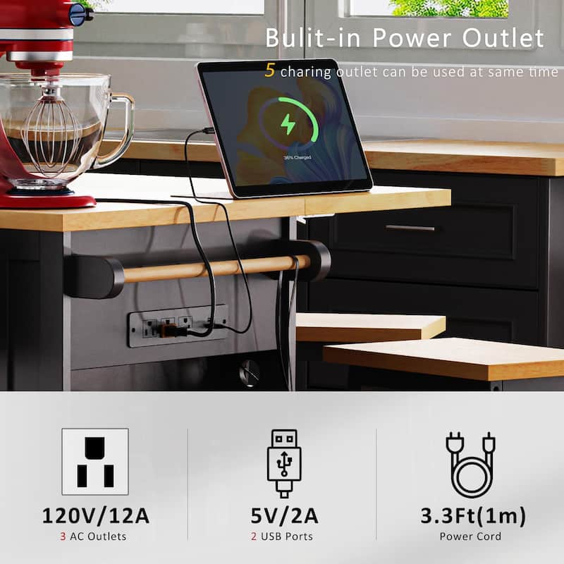 Kitchen Island with 2 Bar Stools, Kitchen Cart with Drop Leaf, Kitchen Cabinet with Built-in Charging Station