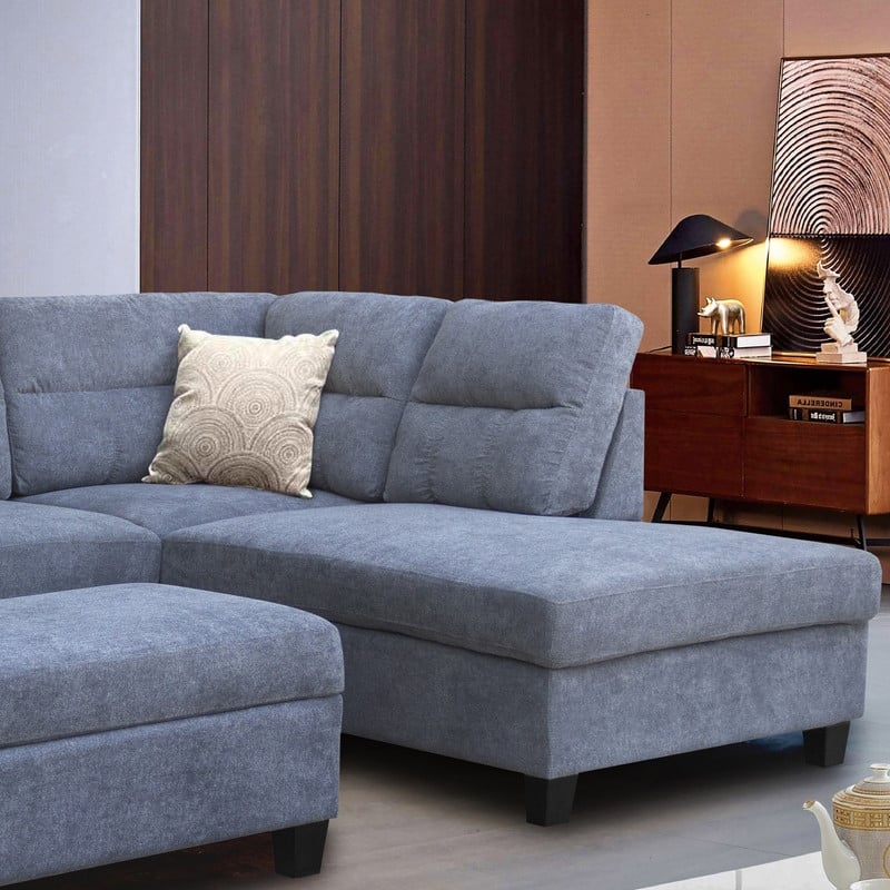 Diego 100"W Fabric Sectional Sofa with Right Facing Chaise, Storage Ottoman, and 2 Accent Pillows