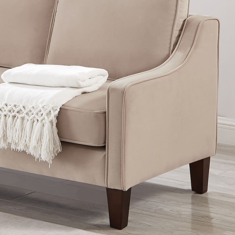 Modern Velvet Upholstered 3 Seater Sofa with Scooped Armrest/Wood legs
