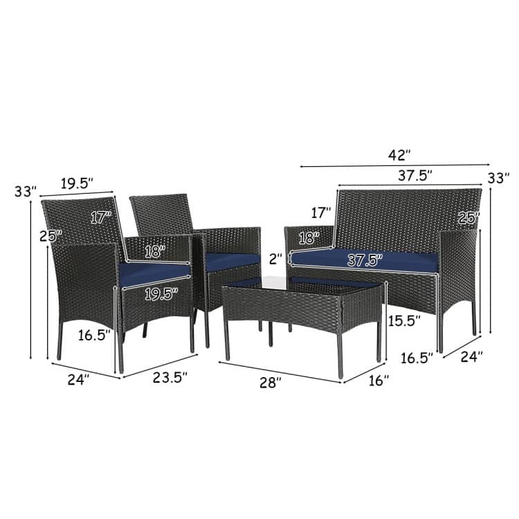 4 Pieces Patio Rattan Cushioned Sofa Set with Tempered Glass Coffee Table - 24" x 23.5" x 33" (L x W x H)
