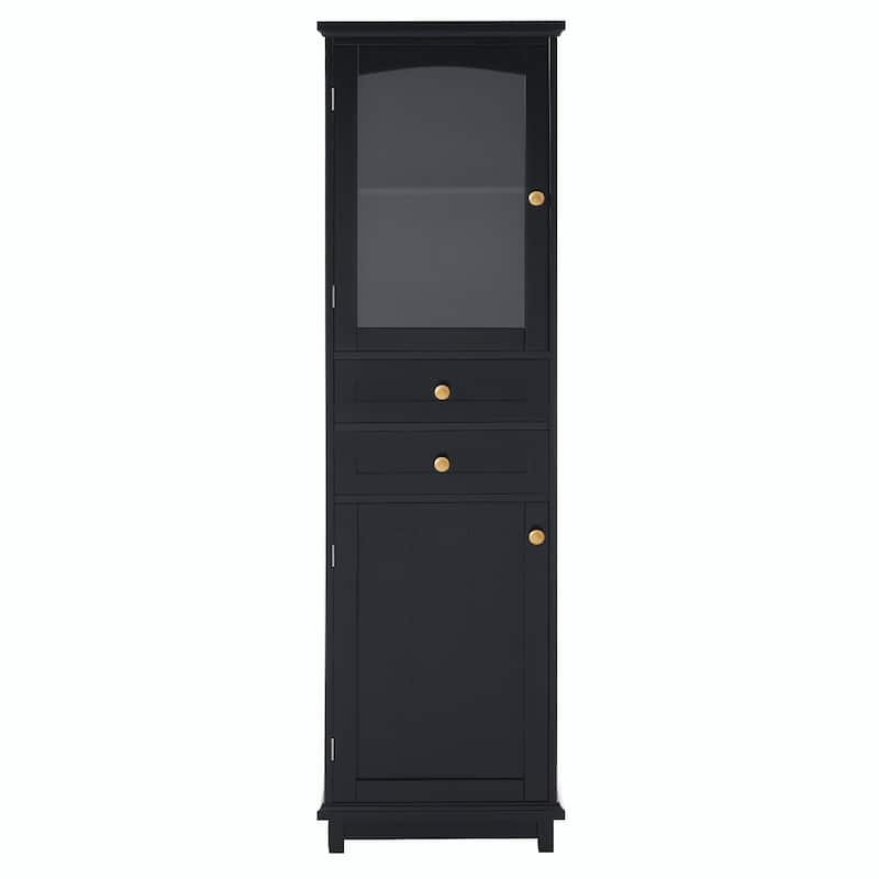 Tall Free-Standing Bathroom Storage Cabinet with Glass Doors and Two Drawers