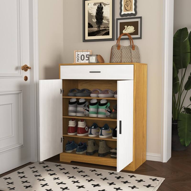 Modern 4-Tier Shoe Cabinet with Drawer & Adjustable Shelves, White Wooden Entryway Storage Organizer