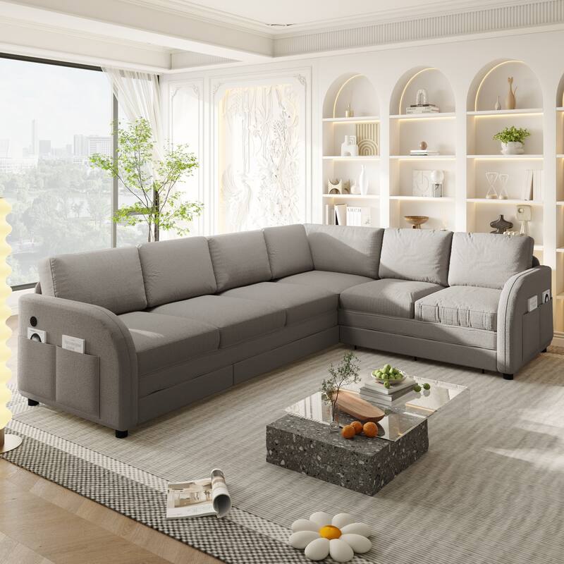 Sectional Sleeper Sofa with Pull Out Bed, Convertible Teddy Fabric Couch with Side Pockets & USB Ports, L Shaped Modular Couches