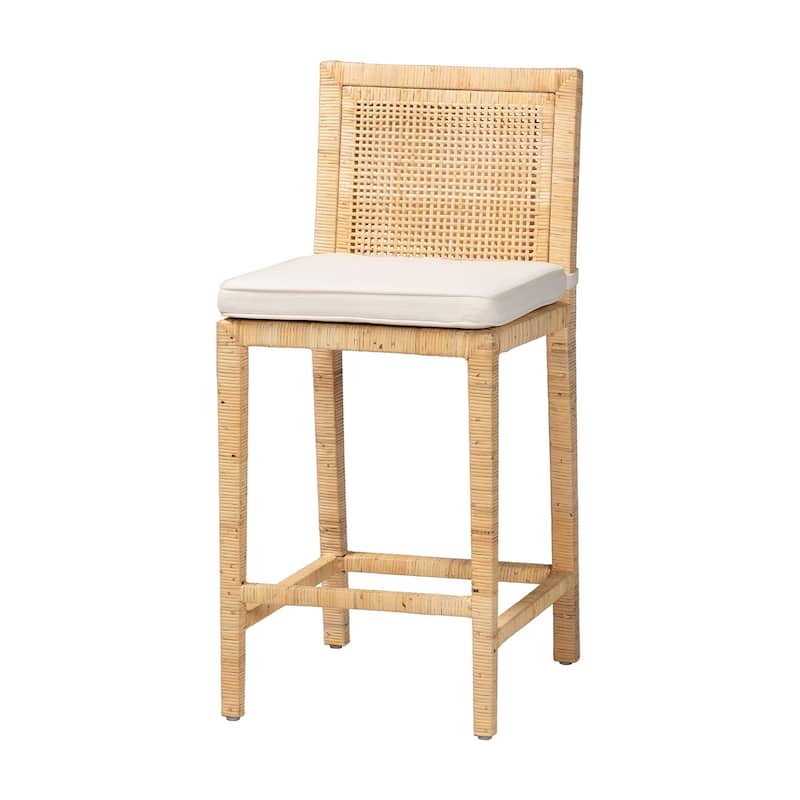 Sofia Rattan Counter Stool with Mahogany Wood - Handwoven Wicker Counter Height, Coastal Kitchen Island Seating, French Grey - Single - Neutral - Counter Height