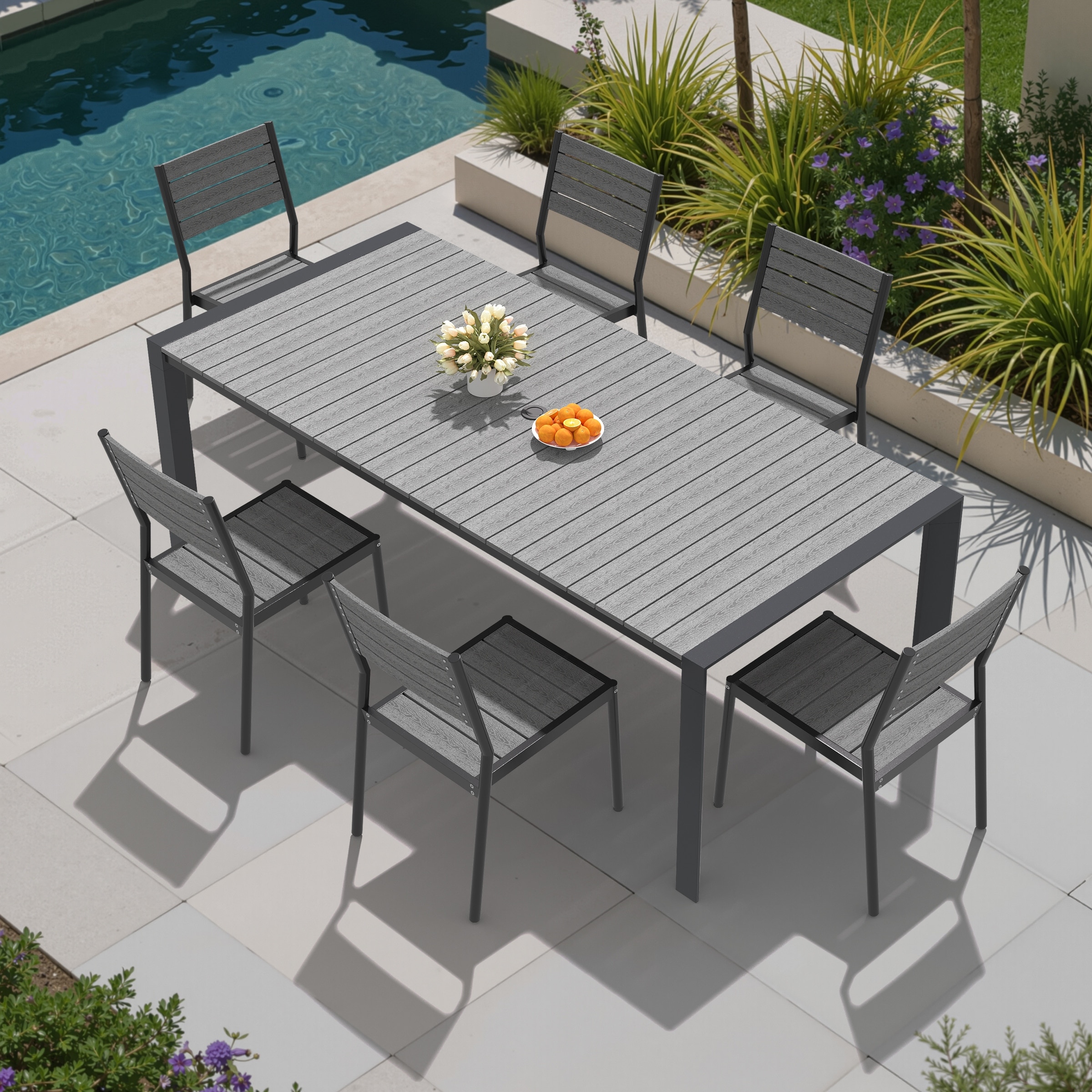 grey patio table with umbrella hole PATIOHIT 7 Piece and Chairs Set Modern Aluminum Outdoor Table and Chairs All-Weather Outdoor Dining Set for 6 for Deck Backyard Poolside(Grey) : Patio, Lawn & or parties SERWALL Patio Dining Table Set,