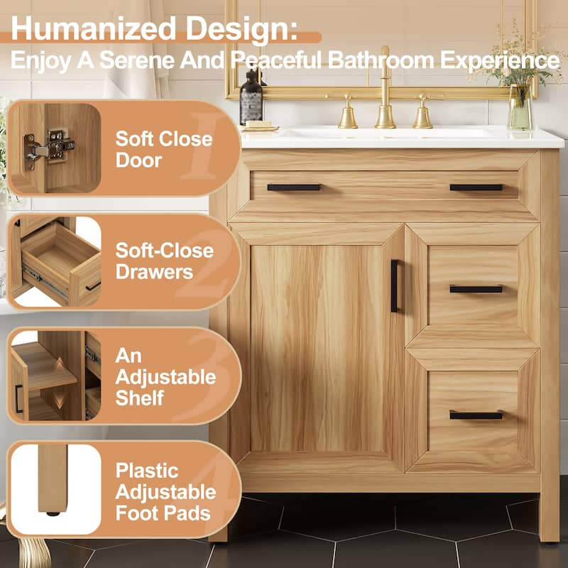 GDFStudio - Natura 30" Transitional Freestanding Bathroom Vanity with Ceramic Sink & Soft-Close Storage Components