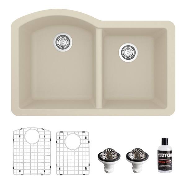 slide 22 of 66, Karran Undermount Quartz 32 in. 60/40 Double Bowl Kitchen Sink Kit Bisque