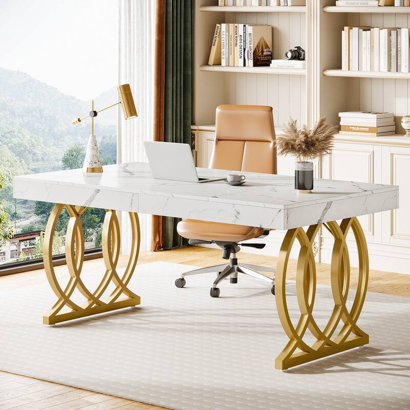 63 Inch Modern Computer Desk, White and Gold Office Executive Desk - White/Gold