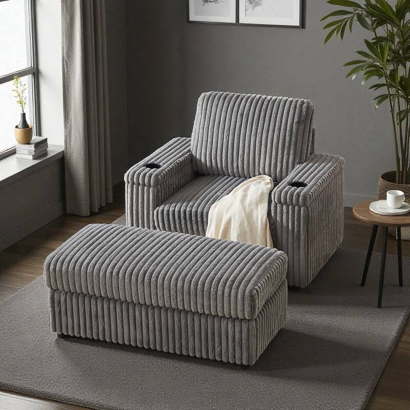 42.5" Corduroy Single Recliner Chair with Cup Holder, Storage Footrest, Armrest Storage and Backrest Pillow