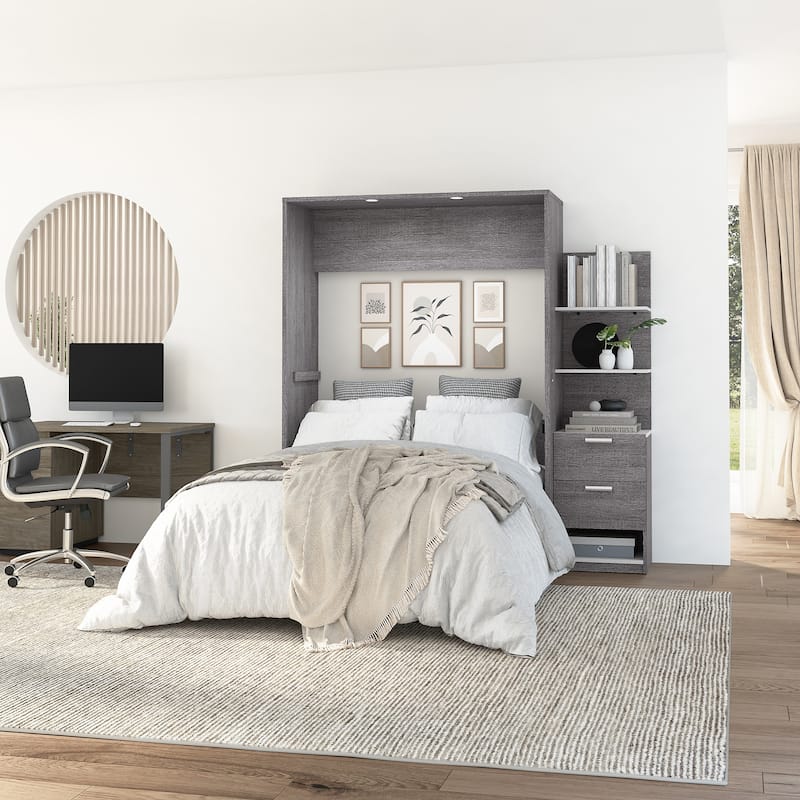 Cielo Full Murphy Bed with Floating Shelves by Bestar - Bark Grey & White