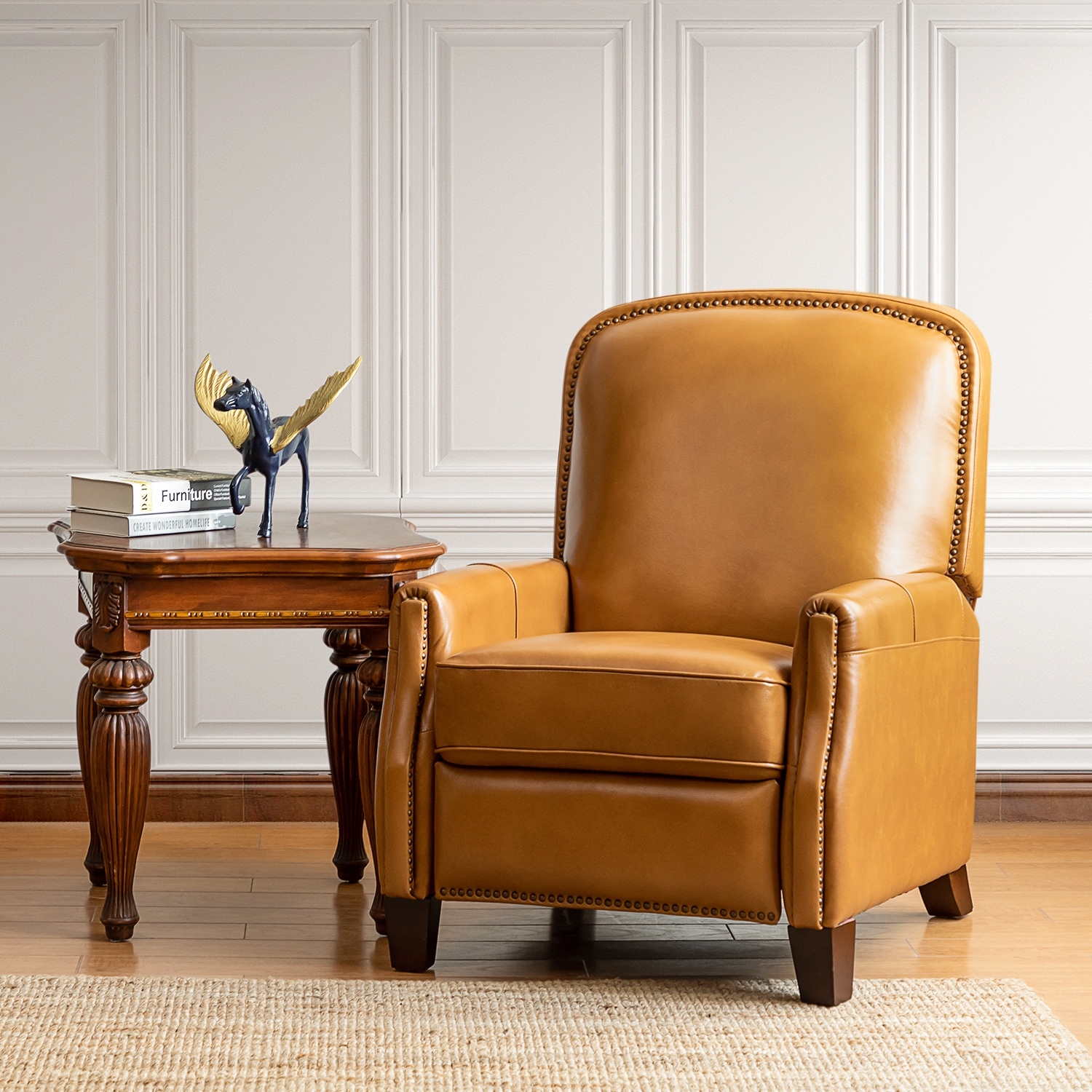 HULALA HOME Gladis Modern Retro Genuine Leather Recliner with Nailhead Trim