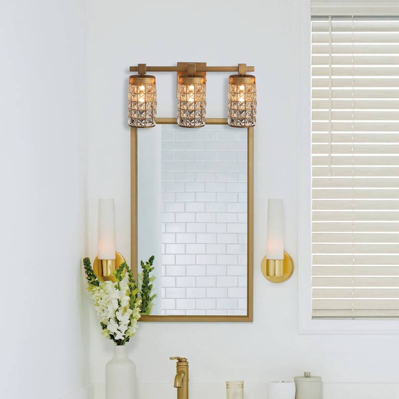 20" 3-Light Gold Wall Sconce with Crystal Cylinder Shade