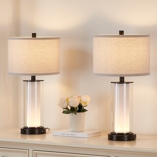 23.25" Glass Table Lamp Set With Built-in Frosted Night Light & USB Charging