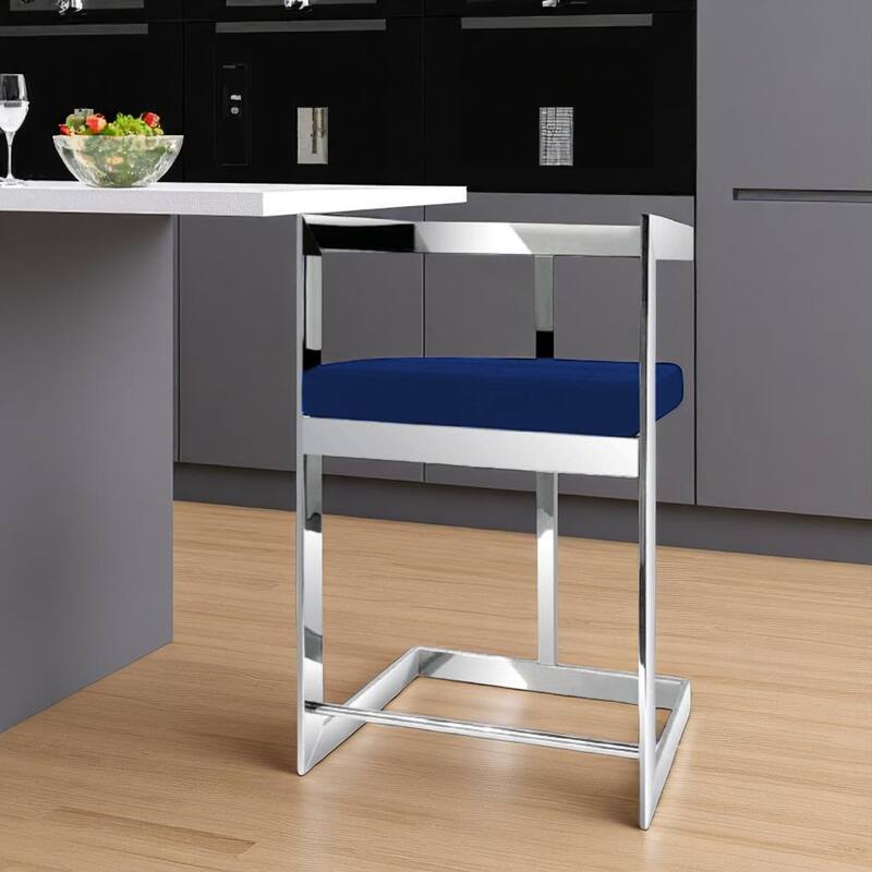 HomeRoots 26" Blue and Silver Metal and Velvet Low Back Counter Height Bar Chair - Counter Height - Silver/Blue - Single