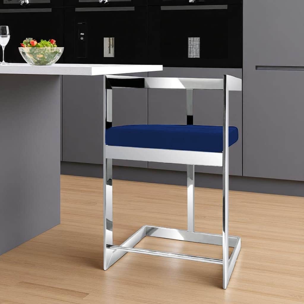 HomeRoots 26" Blue and Silver Metal and Velvet Low Back Counter Height Bar Chair