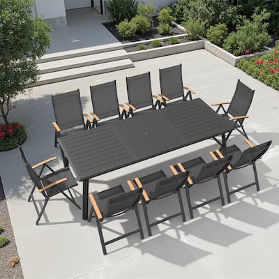 11-Piece Outdoor Aluminum Dining Table with Umbrella Hole and Foldable Dining Chairs with Adjustable Back