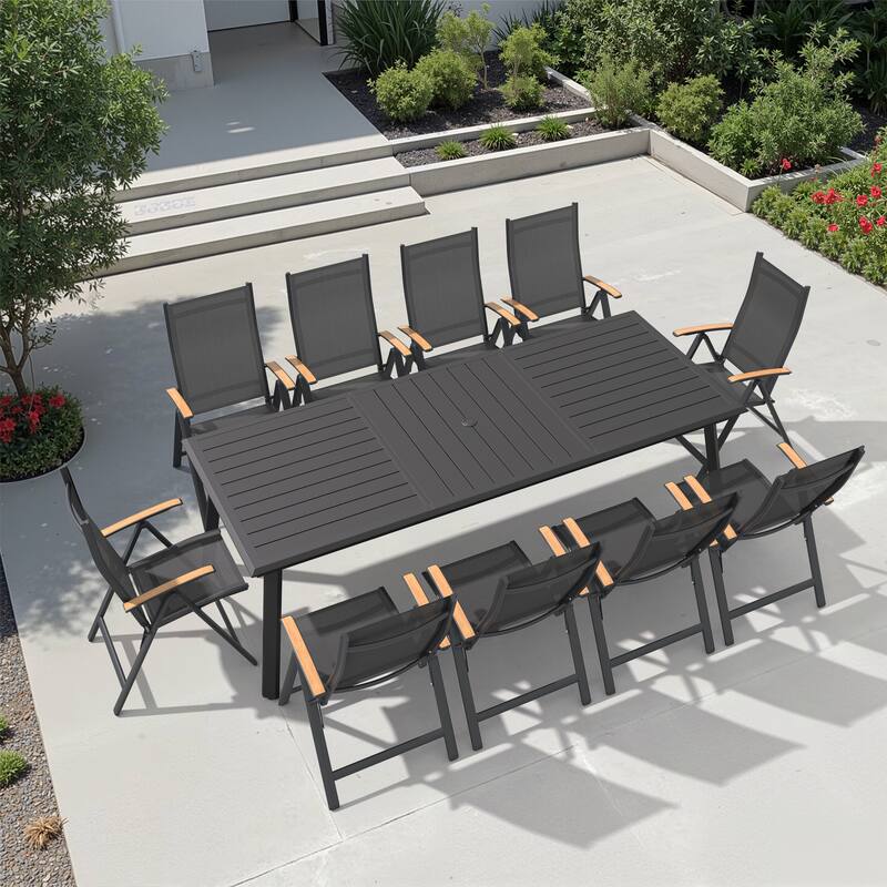 9/11/13-Piece Outdoor Patio Dining Set All-Weather Aluminum Dining Table with Umbrella Hole and Adjustable Folding Chairs - Black - Set of 11