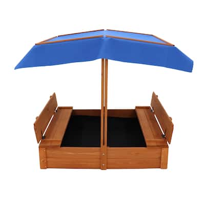 Wood Sandbox with Cover and 2 Bench Seats , Sand Boxes (Natural Wood)