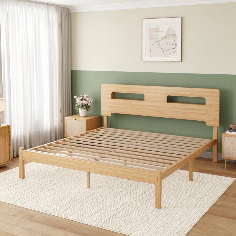 14" Heavy Duty Bamboo & Metal Platform Bed Frame with Headboard