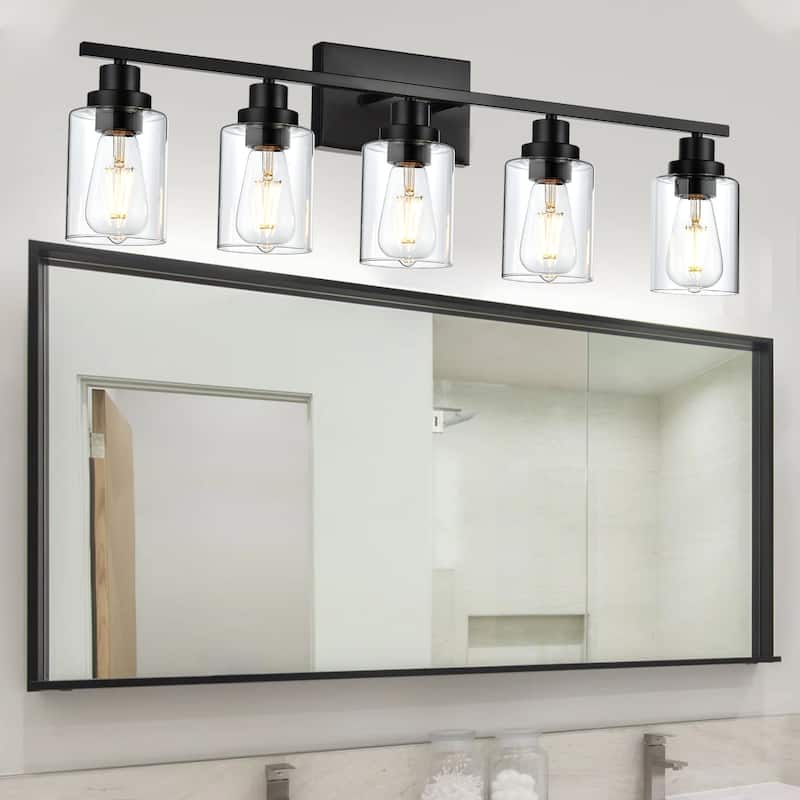 5-Light Wall Light Black Bathroom Vanity Lights, E26 Modern Bathroom Light Fixtures with Clear Glass Shade, Sconces Wall Lights